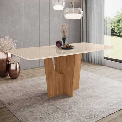 Mesa de Madeira Vértice 180 Cm com Vidro Nature/Off White - Henn