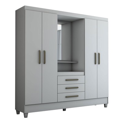 Guarda-Roupa Solteiro Capelinha 4 Portas 3 Gavetas com Espelho Flex Branco/Rosa - Panorama Móveis