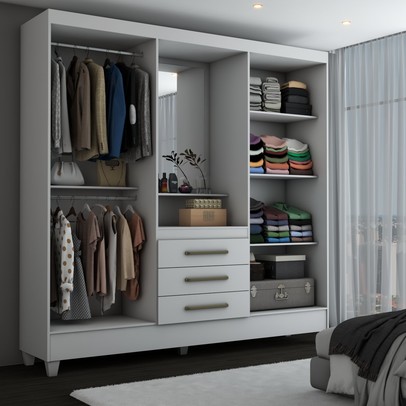 Guarda-Roupa Solteiro Capelinha 4 Portas 3 Gavetas com Espelho Flex Branco/Rosa - Panorama Móveis