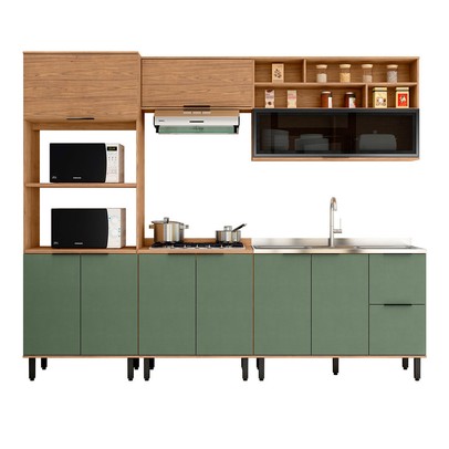 Cozinha Completa Laura 9 Portas 3 Gavetas com Vidro 100% Mdf Freijo/Jade - Mx Móveis