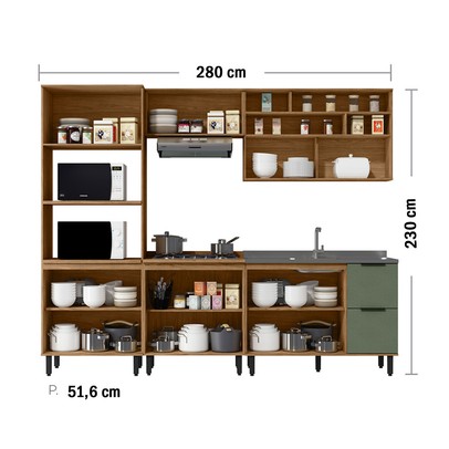 Cozinha Completa Laura 9 Portas 3 Gavetas com Vidro 100% Mdf Freijo/Jade - Mx Móveis