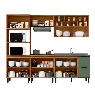 Cozinha Completa Laura 9 Portas 3 Gavetas com Vidro 100% Mdf Freijo/Jade - Mx Móveis