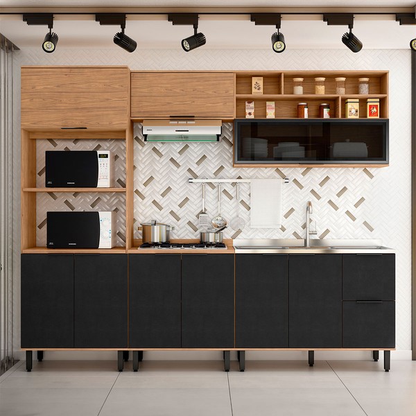 Cozinha Completa Laura 9 Portas 3 Gavetas com Vidro 100% Mdf Freijo/Nero - Mx Móveis