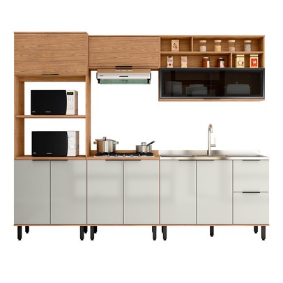 Cozinha Completa Laura 9 Portas 3 Gavetas com Vidro 100% Mdf Freijo/Off White - Mx Móveis