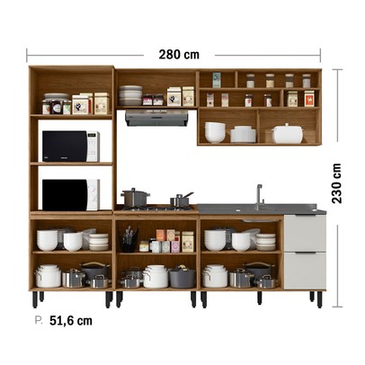 Cozinha Completa Laura 9 Portas 3 Gavetas com Vidro 100% Mdf Freijo/Off White - Mx Móveis
