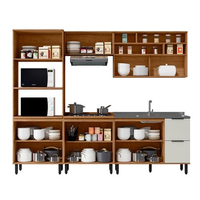 Cozinha Completa Laura 9 Portas 3 Gavetas com Vidro 100% Mdf Freijo/Off White - Mx Móveis