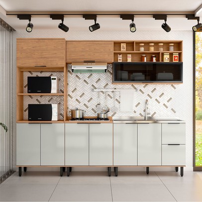 Cozinha Completa Laura 9 Portas 3 Gavetas com Vidro 100% Mdf Freijo/Off White - Mx Móveis