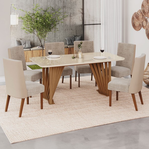 Mesa de Jantar 6 Lugares Adriana/Anne Nature/Corano Bege/Creme - Henn