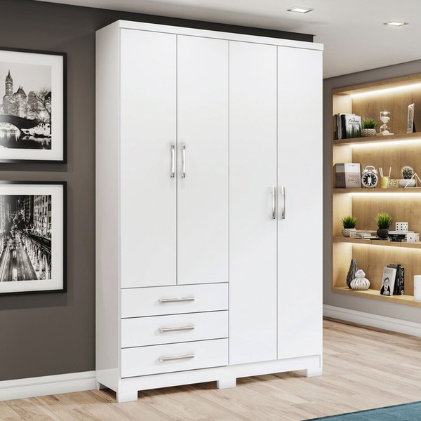 Guarda-Roupa Solteiro Caju 4 Portas 3 Gavetas Branco - Henn