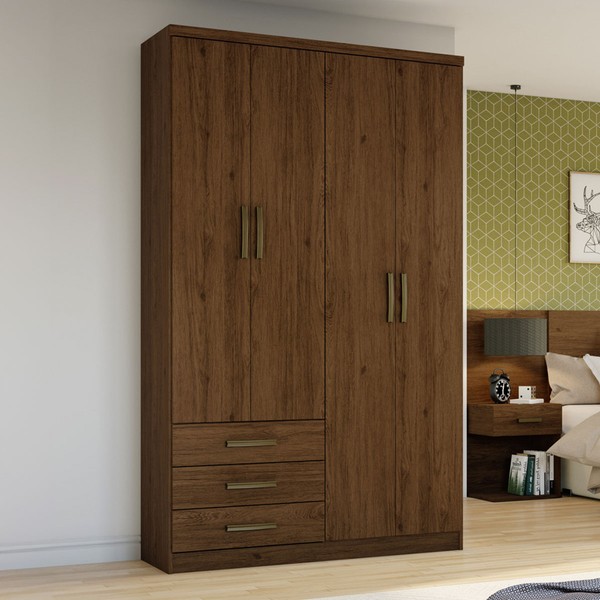 Guarda-Roupa Solteiro Caju 4 Portas 3 Gavetas Castanho Hp - Henn