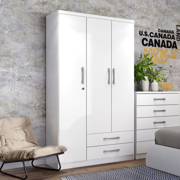 Guarda-Roupa Solteiro Açaí 3 Portas 2 Gavetas Branco - Henn
