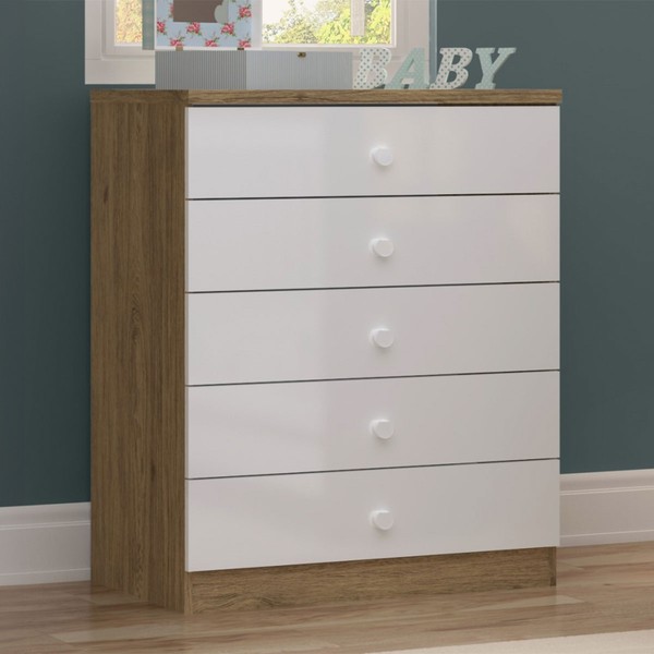 Cômoda de Bebê Bala de Menta 5 Gavetas Rústico/Branco - Henn