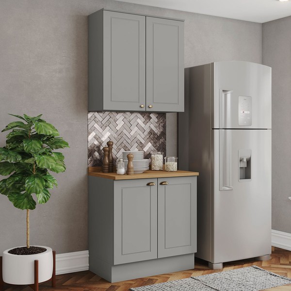 Armário de Cozinha Americana 4 Portas 3 Prateleiras 100% Mdf Cinza/Nature - Henn