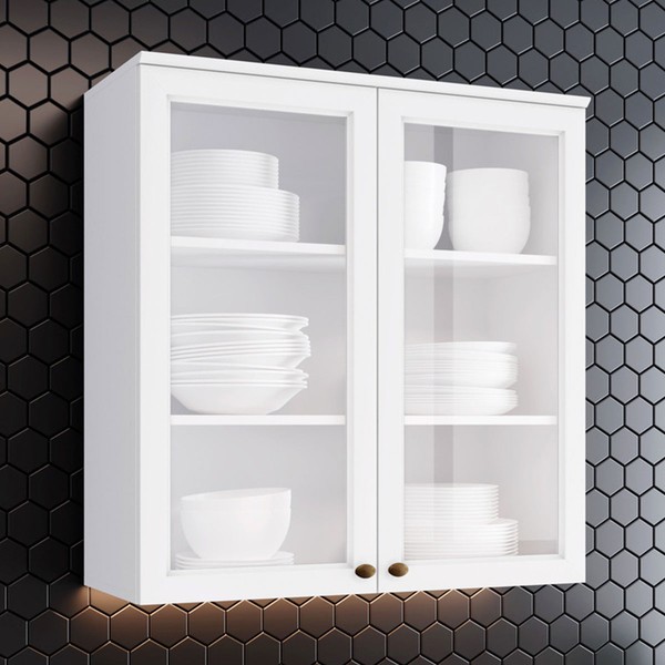 Armário Aéreo Cozinha Americana 2 Portas com Vidro Branco - Henn