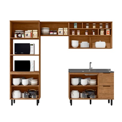 Cozinha Compacta Laura 7 Portas 3 Gavetas com Vidro 100% Mdf Freijo - Mx Móveis