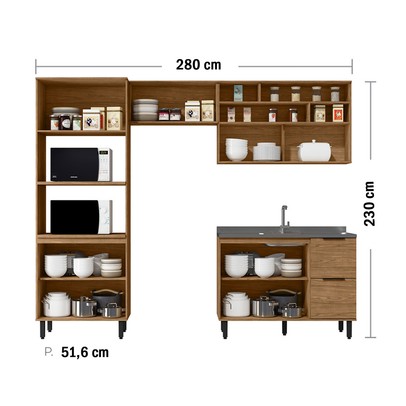 Cozinha Compacta Laura 7 Portas 3 Gavetas com Vidro 100% Mdf Freijo - Mx Móveis