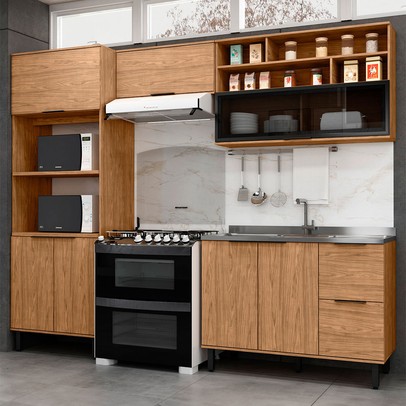 Cozinha Compacta Laura 7 Portas 3 Gavetas com Vidro 100% Mdf Freijo - Mx Móveis