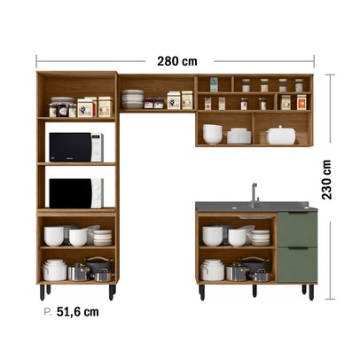 Cozinha Compacta Laura 7 Portas 3 Gavetas com Vidro 100% Mdf Freijo/Jade - Mx Móveis
