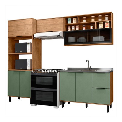 Cozinha Compacta Laura 7 Portas 3 Gavetas com Vidro 100% Mdf Freijo/Jade - Mx Móveis