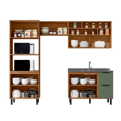 Cozinha Compacta Laura 7 Portas 3 Gavetas com Vidro 100% Mdf Freijo/Jade - Mx Móveis