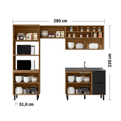 Cozinha Compacta Laura 7 Portas 3 Gavetas com Vidro 100% Mdf Freijo/Nero - Mx Móveis