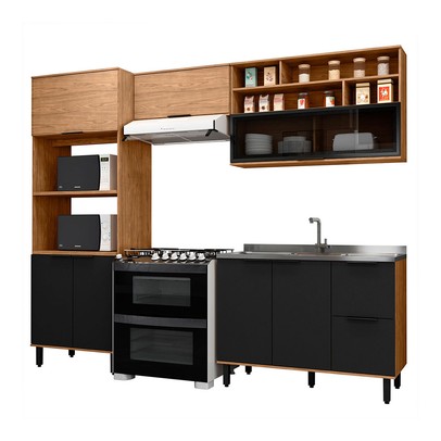 Cozinha Compacta Laura 7 Portas 3 Gavetas com Vidro 100% Mdf Freijo/Nero - Mx Móveis