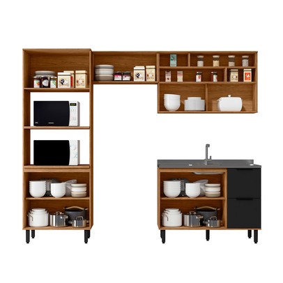 Cozinha Compacta Laura 7 Portas 3 Gavetas com Vidro 100% Mdf Freijo/Nero - Mx Móveis