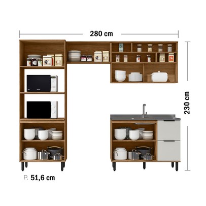 Cozinha Compacta Laura 7 Portas 3 Gavetas com Vidro 100% Mdf Freijo/Off White - Mx Móveis