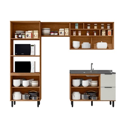 Cozinha Compacta Laura 7 Portas 3 Gavetas com Vidro 100% Mdf Freijo/Off White - Mx Móveis