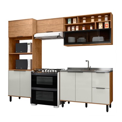 Cozinha Compacta Laura 7 Portas 3 Gavetas com Vidro 100% Mdf Freijo/Off White - Mx Móveis