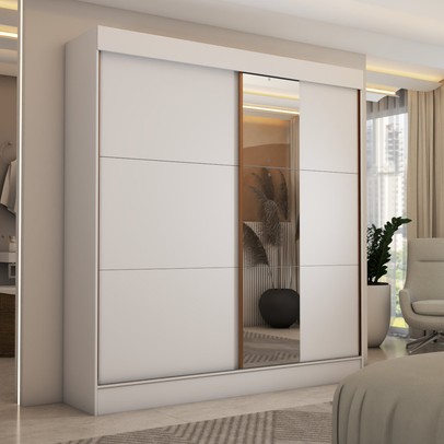 Guarda-Roupa Casal Portugal 2 Portas de Correr com Espelho 3 Gavetas 100% Mdf Branco Fosco - Panorama Móveis