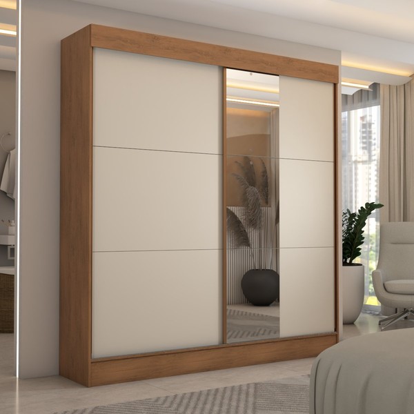 Guarda-Roupa Casal Portugal 2 Portas de Correr com Espelho 3 Gavetas 100% Mdf Cinamomo/Off White - Panorama Móveis