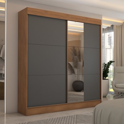 Guarda-Roupa Casal Portugal 2 Portas de Correr com Espelho 3 Gavetas 100% Mdf Flex Cinamomo/Chumbo - Panorama Móveis