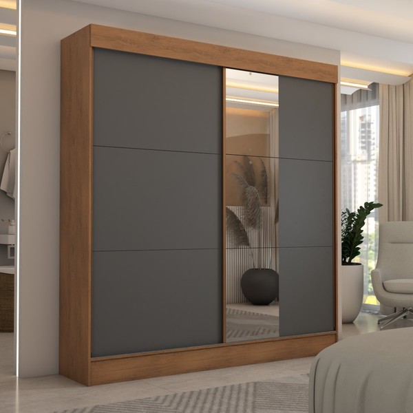 Guarda-Roupa Casal Portugal 2 Portas de Correr com Espelho 3 Gavetas 100% Mdf Flex Cinamomo/Chumbo - Panorama Móveis