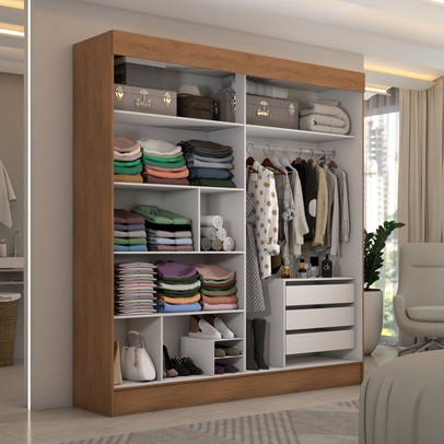 Guarda-Roupa Casal Portugal 2 Portas de Correr com Espelho 3 Gavetas 100% Mdf Flex Cinamomo/Chumbo - Panorama Móveis
