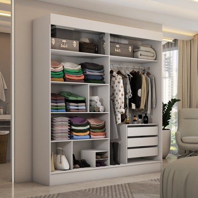 Guarda-Roupa Casal Portugal 2 Portas de Correr 3 Gavetas 100% Mdf Branco Fosco - Panorama Móveis
