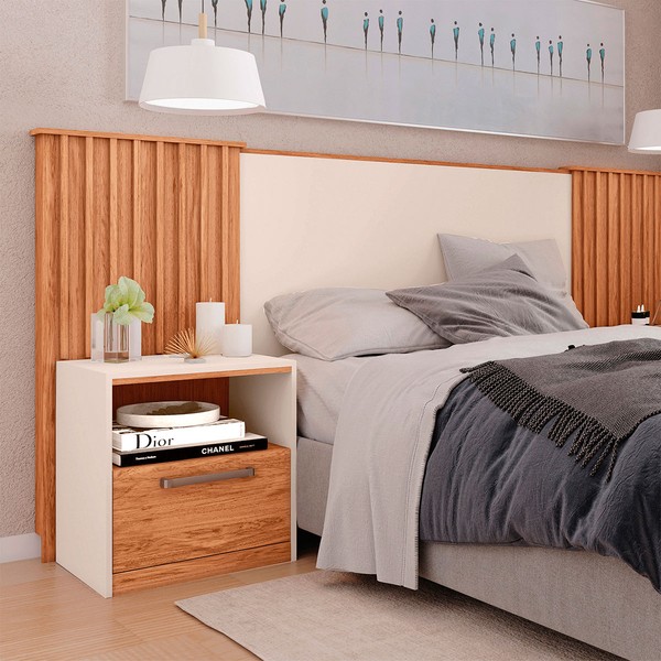 Cabeceira Casal King Extensível Lucius 2 Gavetas Ripado Freijo/Off White - Caemmun