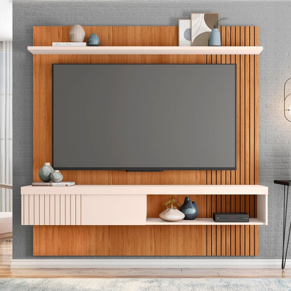 Painel para TV Até 65 Polegadas 1 Porta Ripado Jade Freijo/Off White - Caemmun