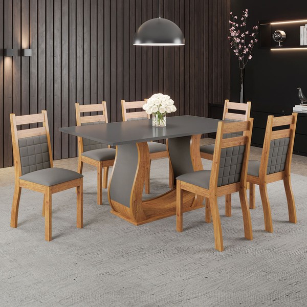 Mesa de Jantar 6 Lugares Sabrinna Sicilia Mel/Cinza/Veludo/Grafite - Viero Móveis