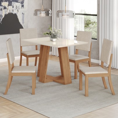 Mesa de Jantar 4 Lugares Lins/Milla com Vidro Nature/Off White/Linho - Henn