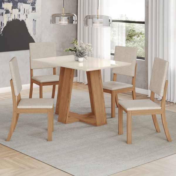 Mesa de Jantar 4 Lugares Lins/Milla com Vidro Nature/Off White/Linho - Henn