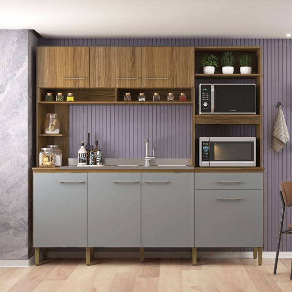 Cozinha Compacta 7 Portas 1 Gaveta Ipê/Griseo - Decibal