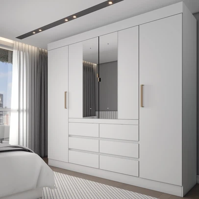 Guarda-Roupa Casal Honey 4 Portas 6 Gavetas com Espelho Branco - Panorama Móveis