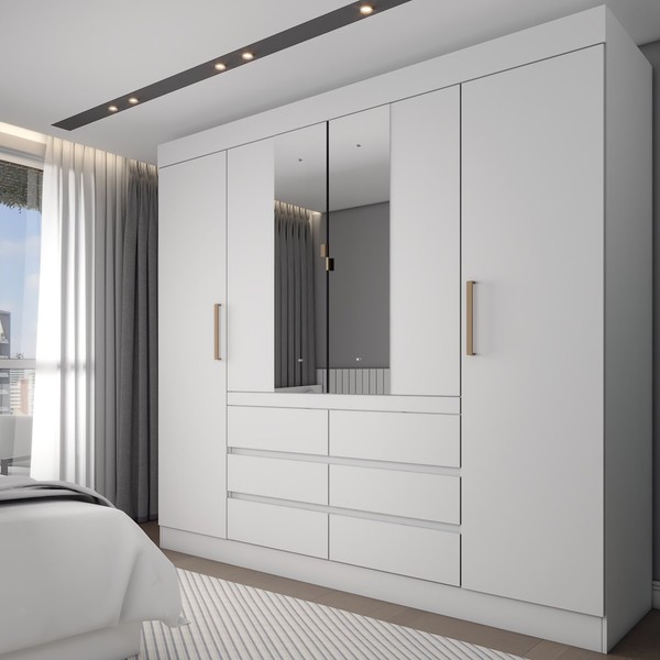 Guarda-Roupa Casal Honey 4 Portas 6 Gavetas com Espelho Branco - Panorama Móveis