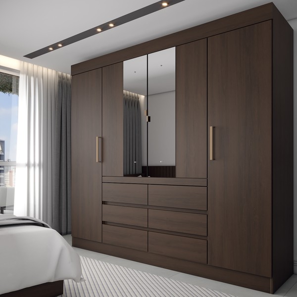 Guarda-Roupa Casal Honey 4 Portas 6 Gavetas com Espelho ébano - Panorama Móveis
