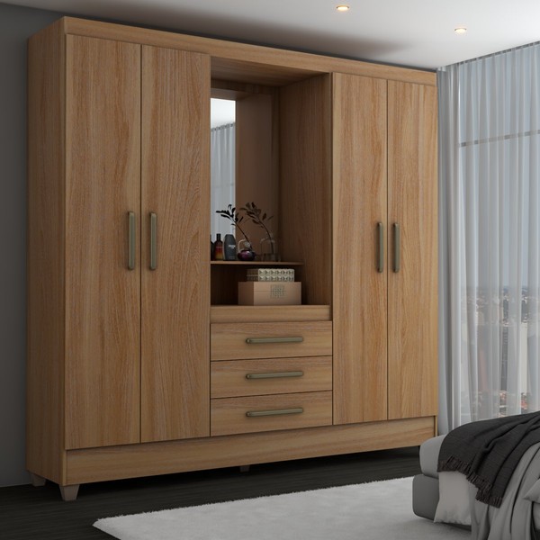 Guarda-Roupa Solteiro Capelinha 4 Portas 3 Gavetas com Espelho Freijó - Panorama Móveis