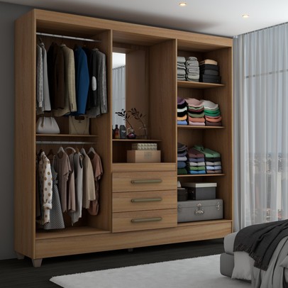 Guarda-Roupa Solteiro Capelinha 4 Portas 3 Gavetas com Espelho Freijó - Panorama Móveis