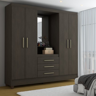 Guarda-Roupa Solteiro Capelinha 4 Portas 3 Gavetas com Espelho ébano - Panorama Móveis