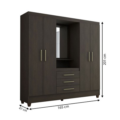 Guarda-Roupa Solteiro Capelinha 4 Portas 3 Gavetas com Espelho ébano - Panorama Móveis