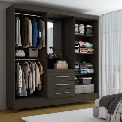 Guarda-Roupa Solteiro Capelinha 4 Portas 3 Gavetas com Espelho ébano - Panorama Móveis